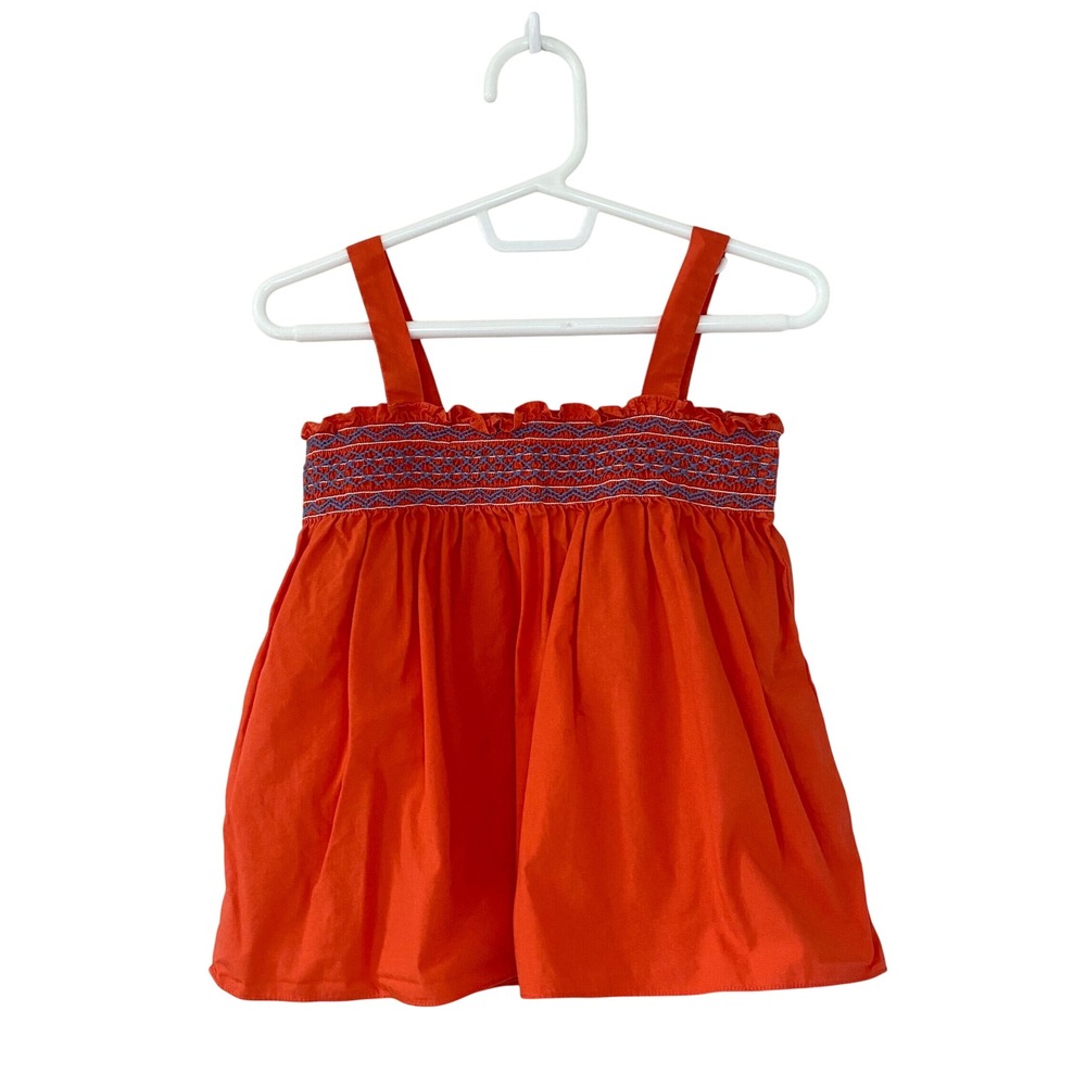 Jacadi Paris Girls Orange Blue Smocked Embroidered Cotton‎ Top Size 4Y